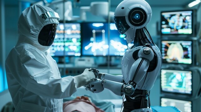 Futuristische Visualisierung der erfolgreichen Zusammenarbeit zwischen Mensch und KI im Labor und OP. Sinnbild f&uuml;r die gegenseitige Wertsch&auml;tzung und dem Wissenstransfer zwischen beiden Welten.