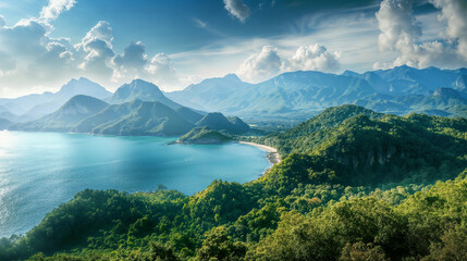 Beautiful landscape with mountains and sea in Thailand on a sunny summer day