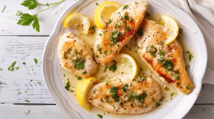 Tasty chicken piccata displayed on a white wooden surface from above