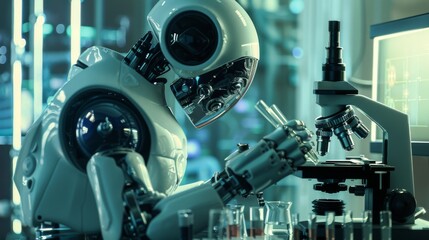 Futuristische Visualisierung der erfolgreichen Zusammenarbeit zwischen Mensch und KI im Labor und OP. Sinnbild für die gegenseitige Wertschätzung und dem Wissenstransfer zwischen beiden Welten.