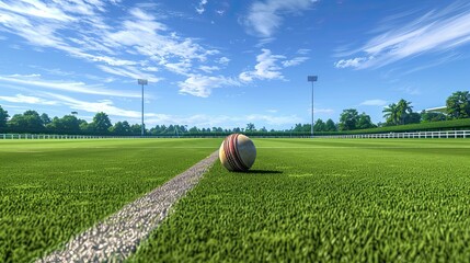 cricket ball lying on the crease line of a lush green cricket field with boundary ropes in the distance