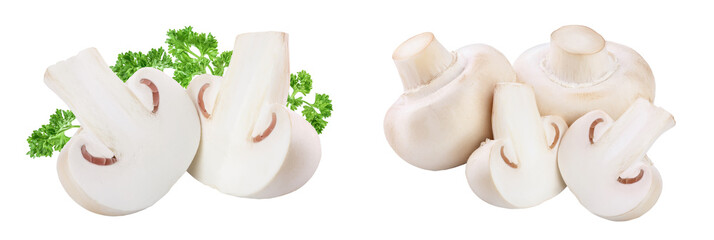 half of Fresh mushroom champignon isolated on white background with clipping path