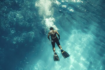 A person in a wetsuit and flippers swimming in an indoor pool
