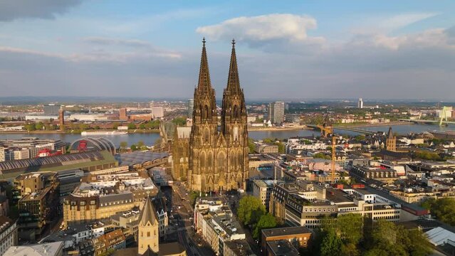 Koelner Dom Cologne Germany drone aerial forwards sunny day