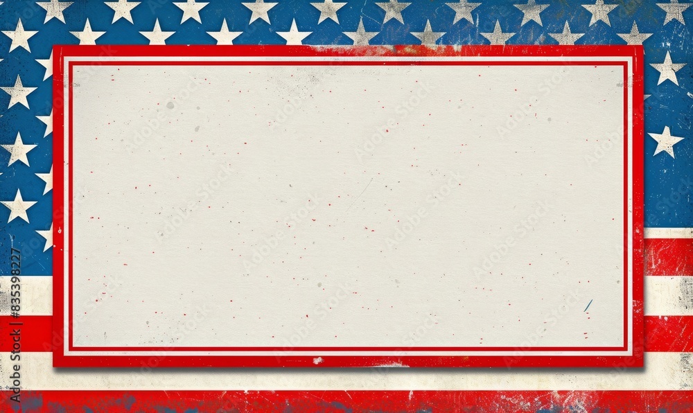 Poster a blank white rectangular frame with a red border and blue stars around the edge, on an american fla