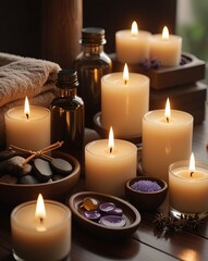 Relaxing Spa Scene with Candles and Essential Oils, Highlighting the Warm and Inviting Atmosphere of a Serene Wellness Retreat, Detailed and Soothing Ambiance