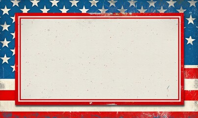 A blank white rectangular frame with a red border and blue stars around the edge, on an American flag background Generative AI