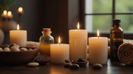 Relaxing Spa Scene with Candles and Essential Oils, Highlighting the Warm and Inviting Atmosphere of a Serene Wellness Retreat, Detailed and Soothing Ambiance