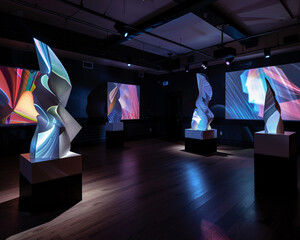 Stylish Avant Art Gallery setup presenting contemporary projection sculptures in a dark, immersive environment, blending light, form, and digital creativity,