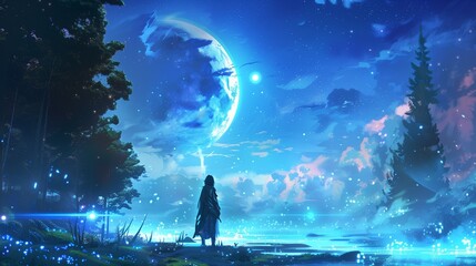 A lone warrior standing at the edge of a glowing forest, with bioluminescent plants and a giant moon illuminating the night sky, in an anime-inspired art style.