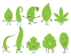 Green leaves characters. Cute happy funny smiling leaf character collection. Vector illustration isolated on white background