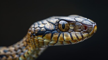 Fototapeta premium A close-up view of a snake's head on a black background