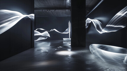 Innovative Avant Art Gallery interior with dynamic light installations in a dark, immersive space, creating a captivating interplay of light and form,