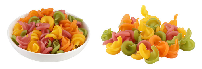 Raw colored pasta in ceramic bowl isolated on white background with full depth of field