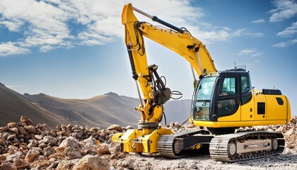 A large yellow drilling machine is working on a construction site. The machine is surrounded by dirt and debris.