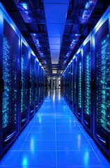 igh-tech data center with rows of server cabinets, illuminated by LED lights and visible wires, representing the power behind cloud computing and cyber security technology. 