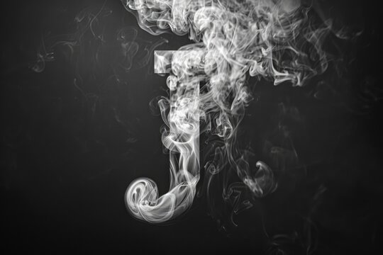 A black and white photograph of a smoke letter 'J'