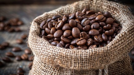 Roasted coffee beans stored in a burlap sack