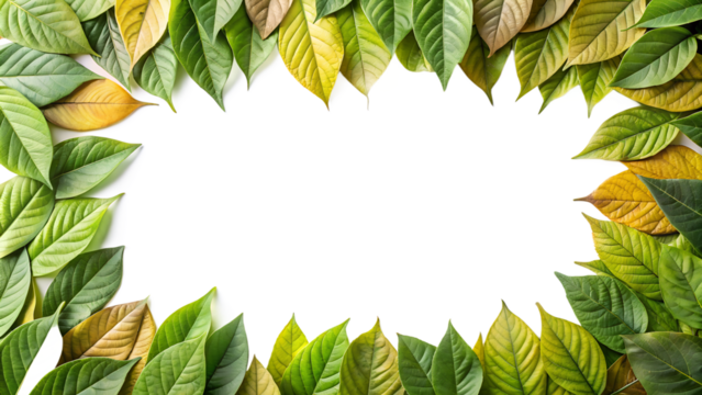 a group of leaves arranged in a frame-like pattern around a blank white center. These leaves vary in color from green to yellow and brown