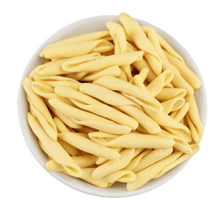 Typical Calabrian pasta called Maccheroncini or Maccheroni in ceramic bowl isolated on white background. Top view. Flat lay