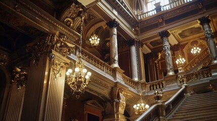 Obraz premium A staircase in a building with chandeliers, perfect for interior design or architecture projects