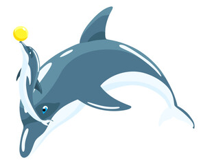 Obraz premium Dolphin cartoon character. Ocean mammal in motion isolated on white. Wild nature animal. Vector illustration of sea life blue fish