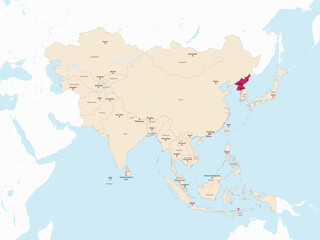 Highlighted red map of NORTH KOREA inside light red detailed political map of Asia using orthographic projection on white and blue background
