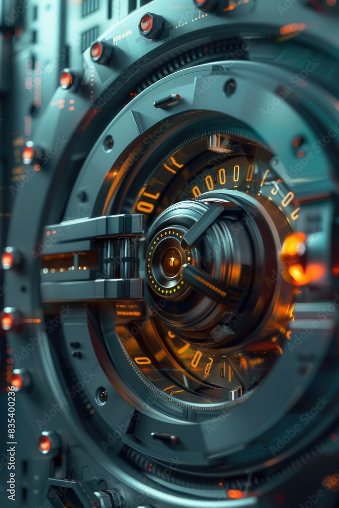 Poster a close-up of a machine with a clock on its face, suitable for use in technical or industrial settin