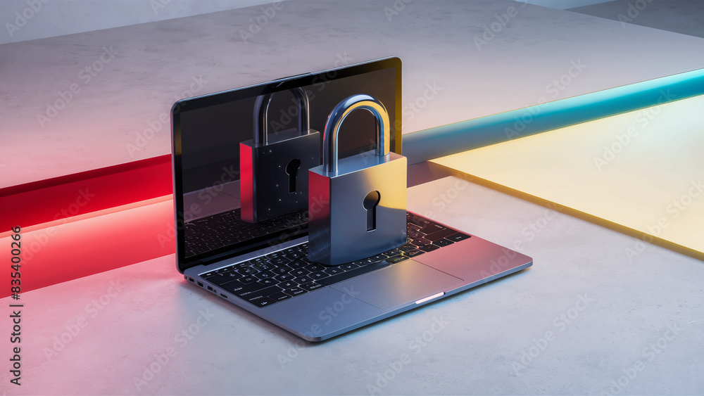 Poster secure laptop with padlock symbolizing advanced network protection featuring facial recognition and 