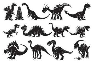 A set of dinosaur silhouettes against a dark background, ideal for use in educational materials or prehistoric-themed designs