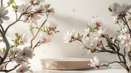 Cherry blossom branches in full bloom surround a wooden display stand, illuminated by soft sunlight, capturing the essence of spring.