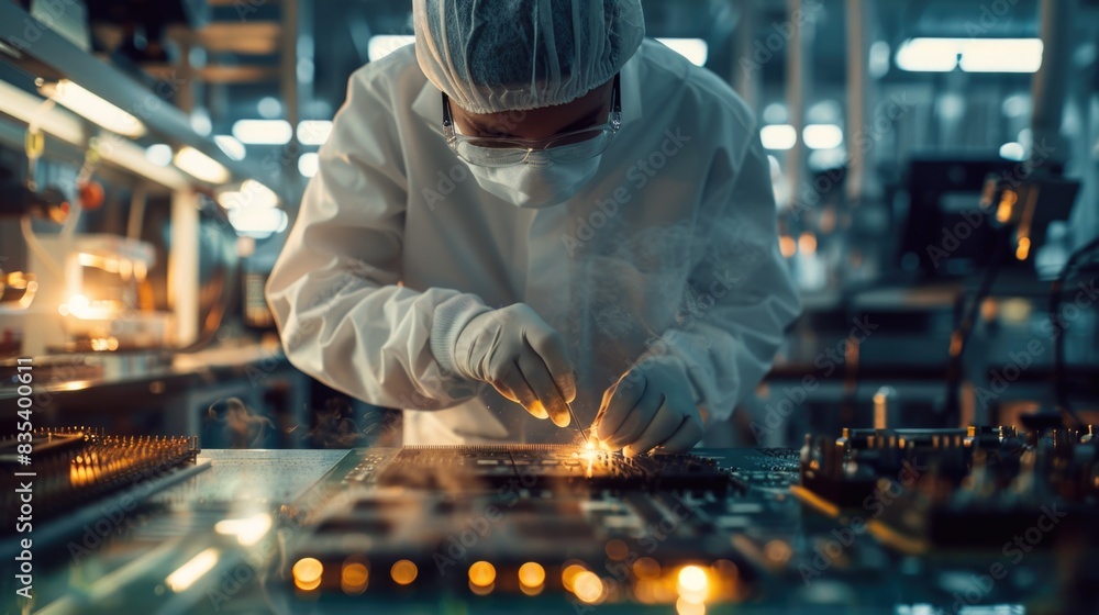 Aufkleber a man in a lab coat is focused on assembling a complex electronic circuit