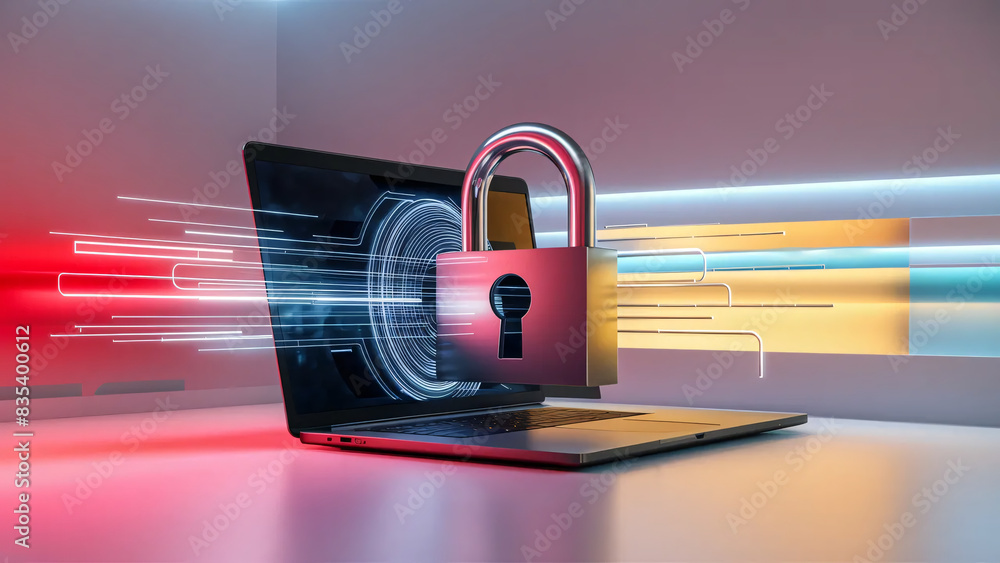 Poster futuristic laptop with padlock representing enhanced network security using multifactor authenticati