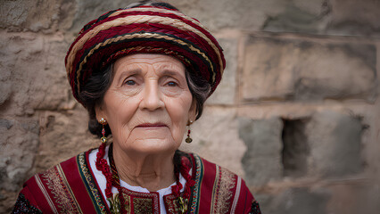 Palestinian ( Arabic ) traditional old woman dressed in vibrant colors, smiling 