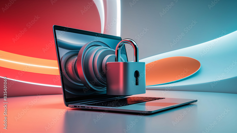 Poster secure laptop with padlock symbolizing advanced network security featuring facial recognition and mu