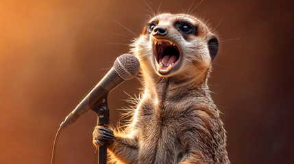 Humorous image of a meerkat appearing to sing into a microphone against a warm sunset backdrop