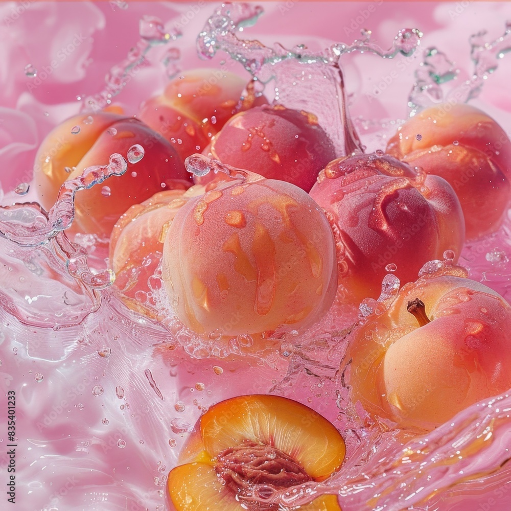 Poster several peaches with water droplets floating and splashing on a pink reflective surface. one peach i