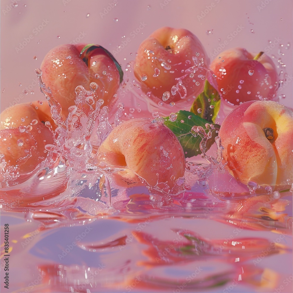 Poster five peaches with water droplets floating and splashing on a pink reflective surface. the dynamic wa
