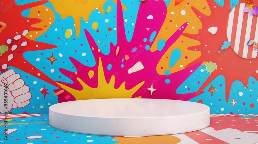 Poster a circular white stage sits in a lively pop art-themed setting with bold splashes of color and carto