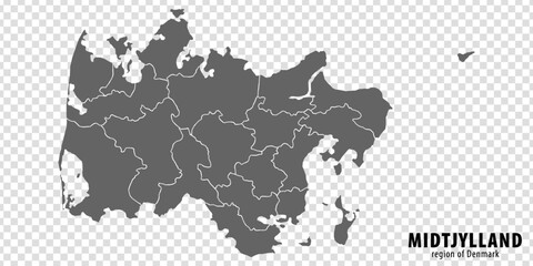 Blank map Central Denmark Region of Denmark. High quality map Region of Central Denmark  with districts on transparent background for your web site design, logo, app, UI. Kingdom of Denmark. EPS10.