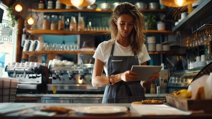 A woman stands in front of a counter using a tablet, possibly for work or personal use