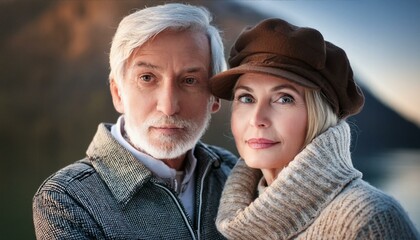 Close up of a mature beautiful Scandinavian couple consisting of an older Nordic Caucasian man and an older European Scandinavian woman who are in love. The shot shows details of their faces