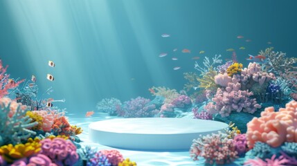A vibrant coral reef under sunlight, featuring a white platform at the center and various fish swimming around, creating a serene underwater scene.