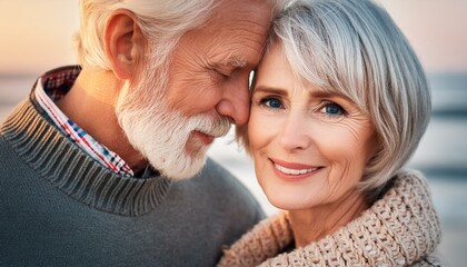 Fototapeta premium Close up of a mature beautiful Scandinavian couple consisting of an older Nordic Caucasian man and an older European Scandinavian woman who are in love. The shot shows details of their faces