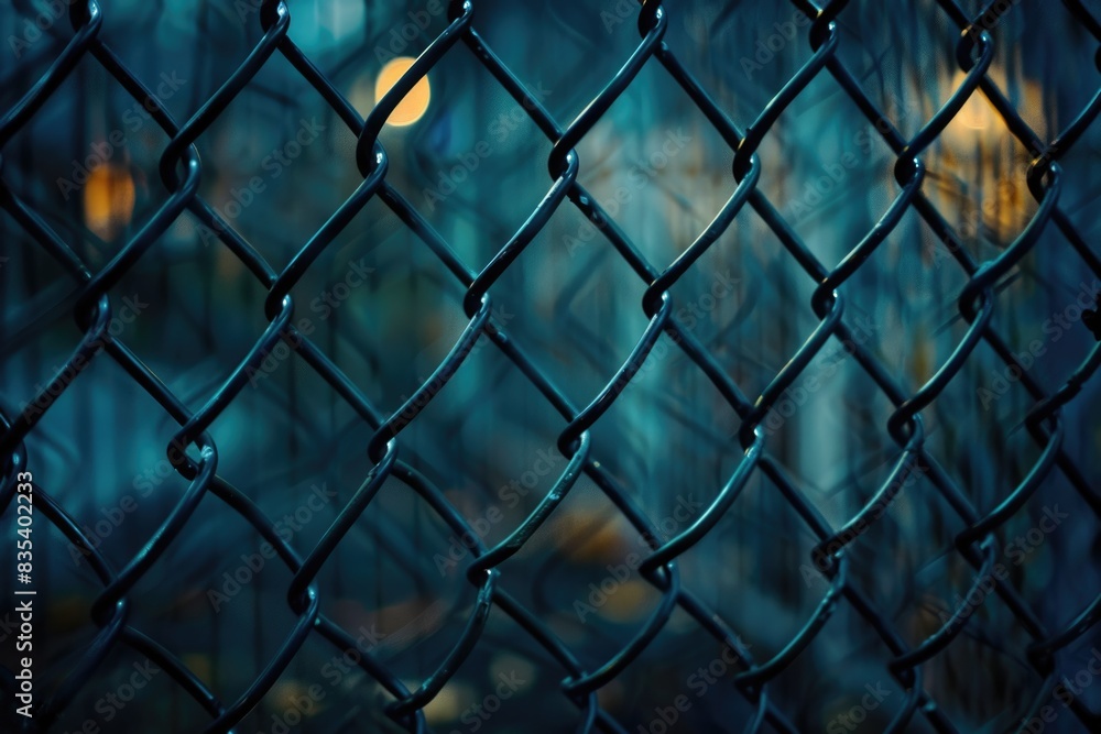 Poster a close-up view of a chain link fence with rusted links and barbed wire