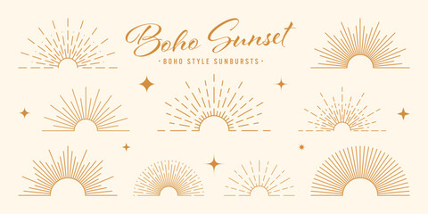 Vintage sunburst, sunset beams, half circle sunrise. Boho style, modern minimalist bohemian design. Hand drawn bursting sun, light rays. Lettering design element in retro style. Vector illustration