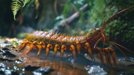 A close-up shot of a giant centipede crawling in a stream of water