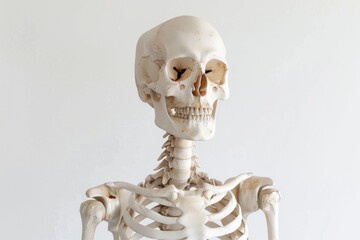 A model of a human skeleton on a white surface, suitable for medical or educational uses