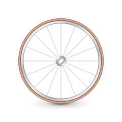 Realistic 3d retro bicycle wheel. Bike rubber tire, shiny metal spokes and rim. Fitness cycle, touring, sport, road and mountain bike. Vector illustration