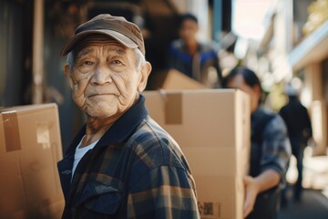 Elderly Asian man with a somber expression carrying a cardboard box, with movers in the background. - Powered by Adobe
